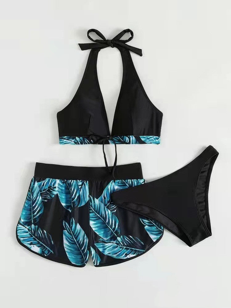 3 Piece Leaf Print Bikini With Beach Shorts Tropical Beach Swimsuit Set