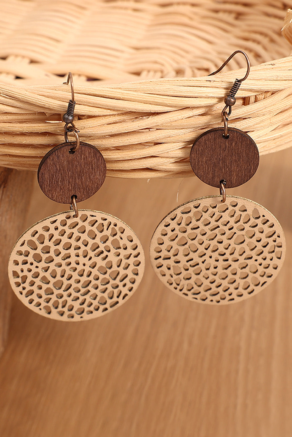 Beige Hollow Out Wooden Round Drop Earrings