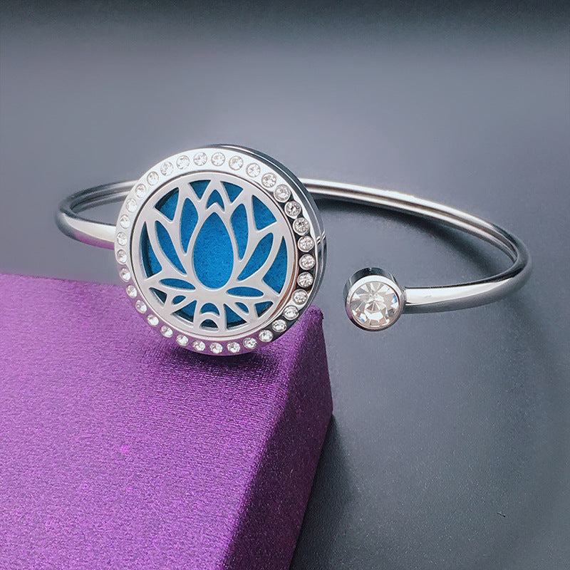 Stainless Steel Aromatherapy Bangle with Laser Etched Designs and Crystal Accents