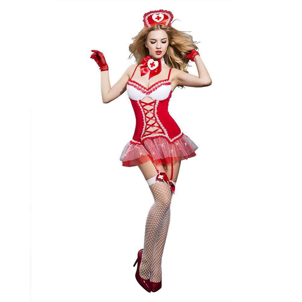 Sexy Nurse Uniform Role Play Skirt Corselette with Garters and Hat