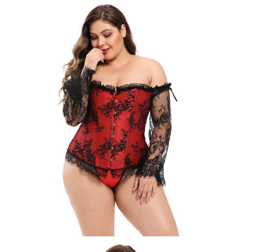 Steampunk Lace Sleeved Gothic Corset Bustier | Available in Red or Black up-to 6XL