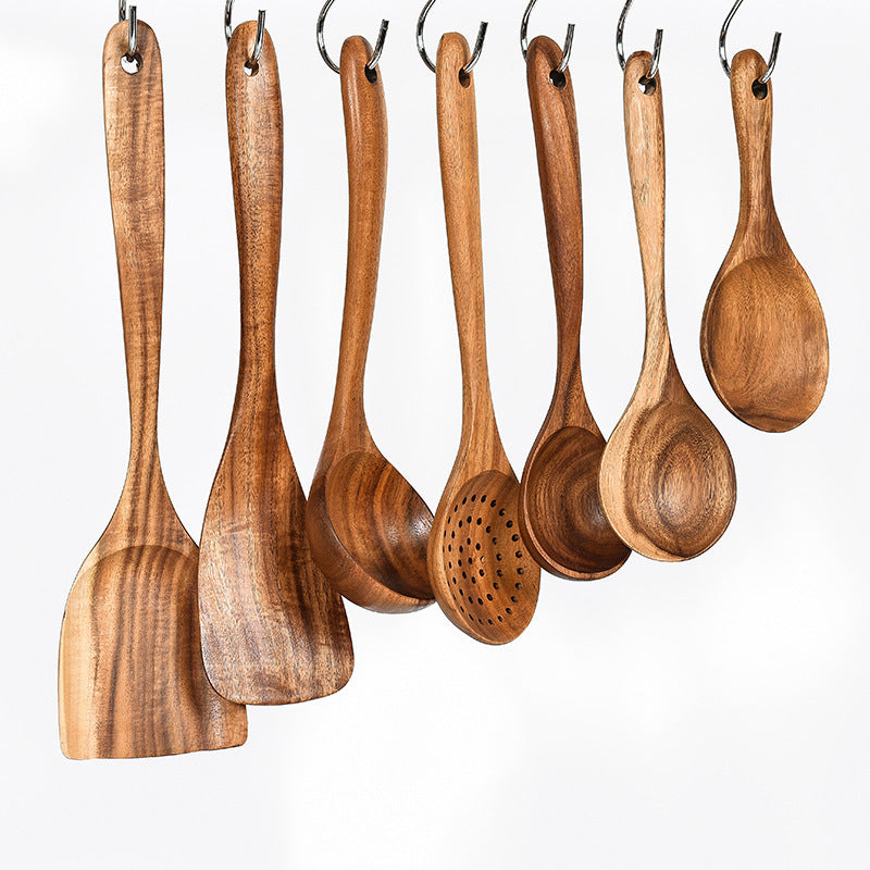 7 Piece Teak Natural Wood Tableware Spoon Ladle and Spatula Utensil Set