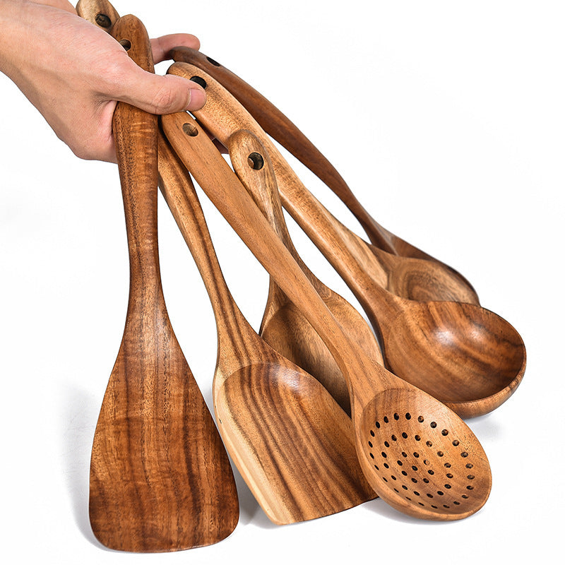 7 Piece Teak Natural Wood Tableware Spoon Ladle and Spatula Utensil Set