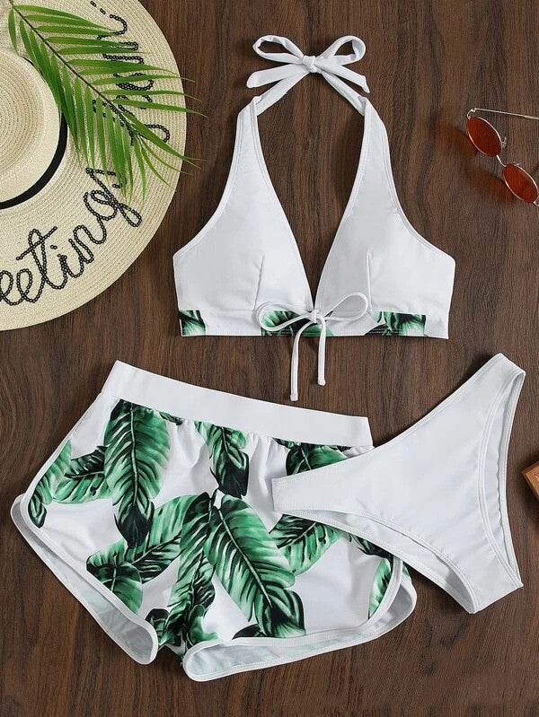 3 Piece Leaf Print Bikini With Beach Shorts Tropical Beach Swimsuit Set