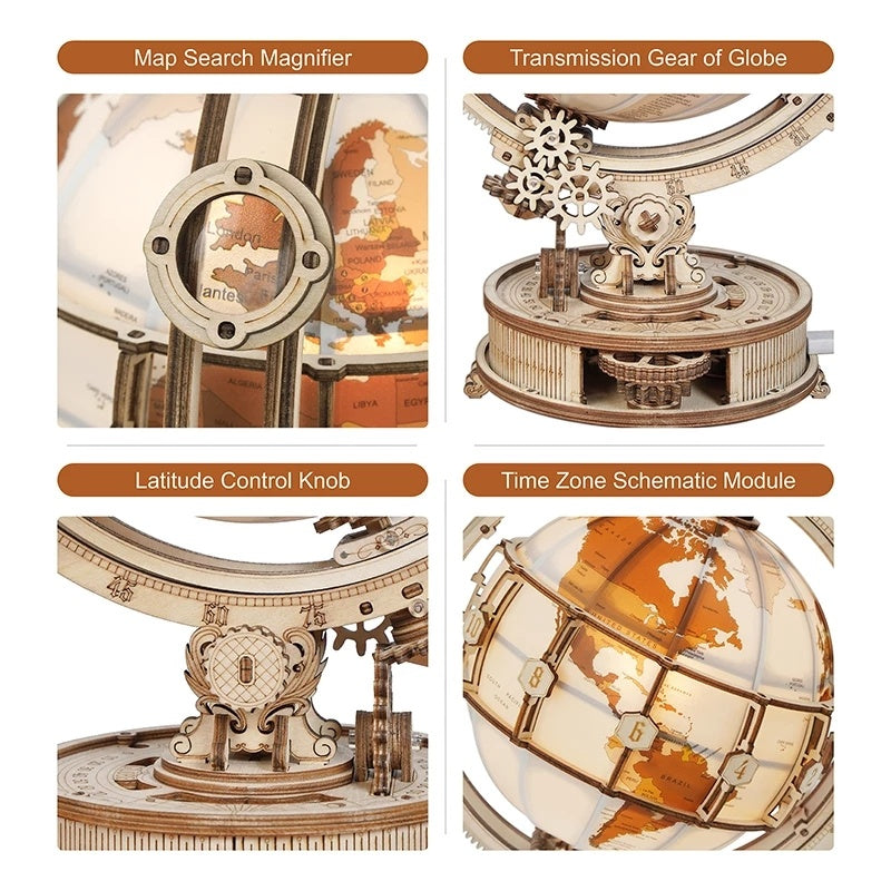 ROKR Lit-Up 3D World Globe Wooden Puzzle - Assembly Model Building Kit