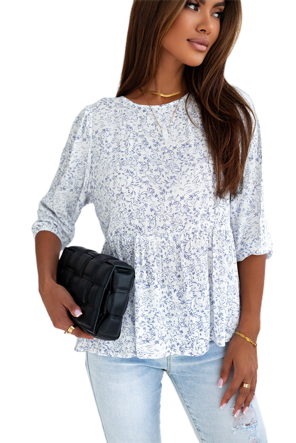 Blue and White Retro Floral Printed 3/4 Puff Sleeve Blouse Summer Top