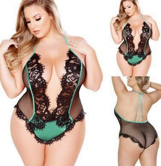 Sheer Teddy Lingerie Bodysuit with Embroidered Lace Edging | Small - Plus Size