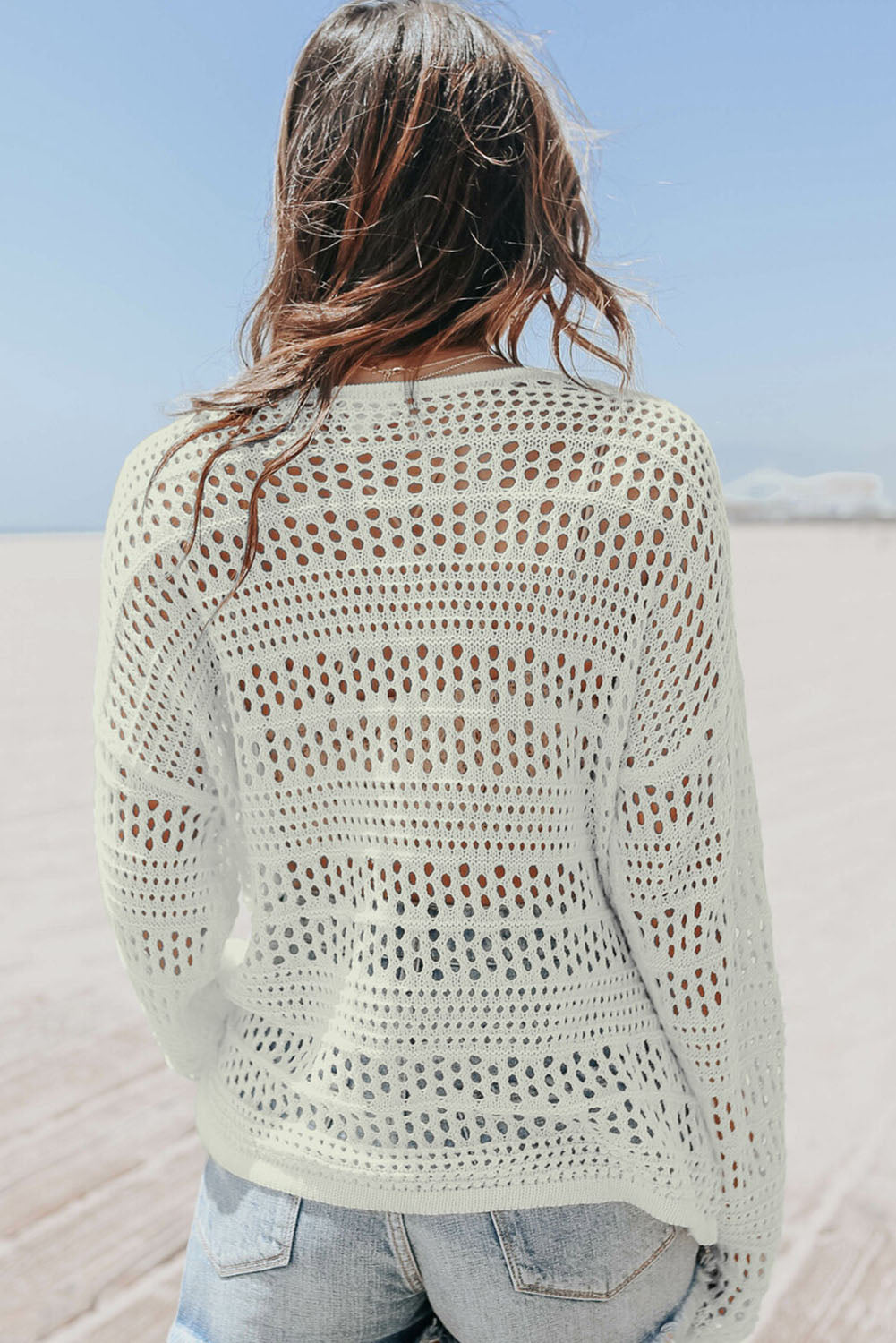 White V-Neck Pullover Sweater Hollow Out Crochet Knit Fabric