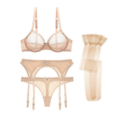 3 Piece See Through Mesh Lingerie Set with Matching Stockings