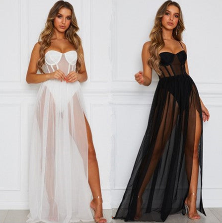 Semi-Transparent Bustier Bodice Long Mesh Dress