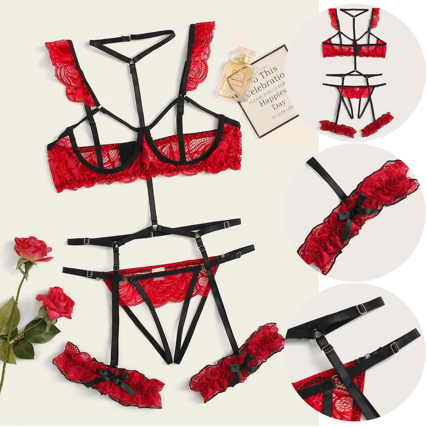 3 Piece Open Cup Strappy Lingerie Set with Lace Detailing and Garters