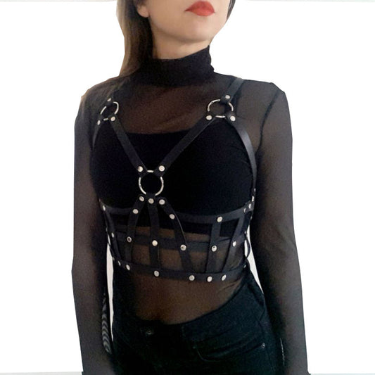 Adjustable Leather Bondage O-Ring Lattice Harness Top