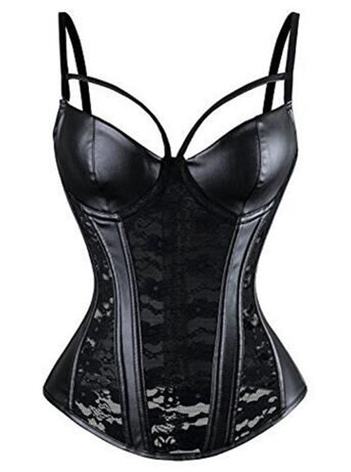 Black PU Lace Sexy Gothic Corset Top with Garters Lingerie Shapewear