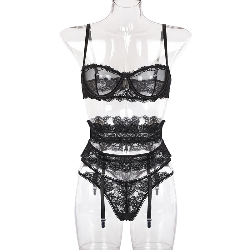 3-piece Transparent Lingerie Set with Balcony Bra Lace Thong and Garter Belt