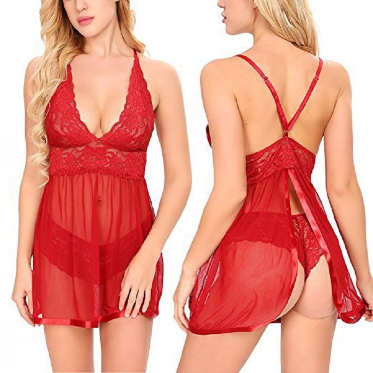 Cheeky Open Back Sexy See Through Lace Mesh Babydoll Nightdress