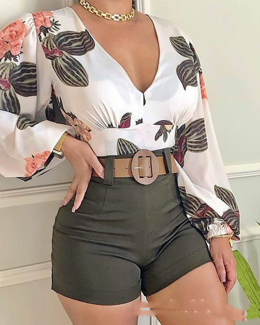 Two Piece V-Neck Tropical Print Long Sleeve Blouse with Matching Shorts