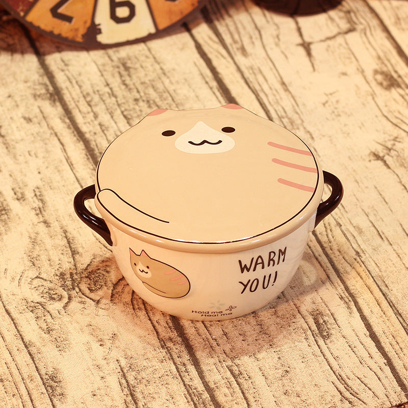 Kawaii Japanese Cat Ramen Ceramic Noodle Bowl With Lid