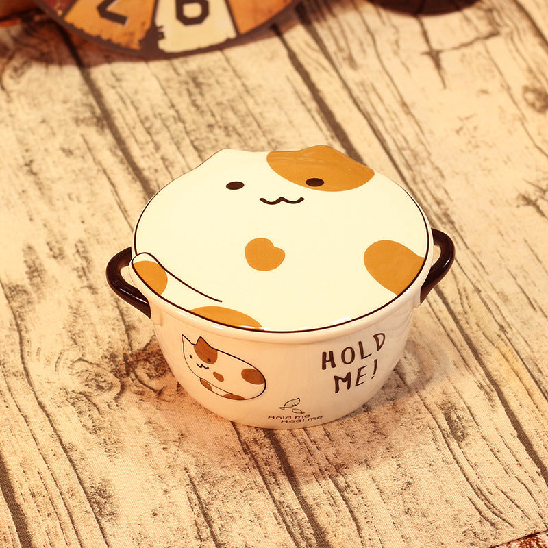 Kawaii Japanese Cat Ramen Ceramic Noodle Bowl With Lid