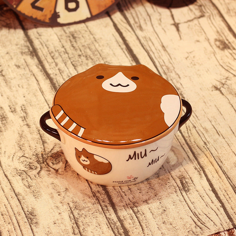 Kawaii Japanese Cat Ramen Ceramic Noodle Bowl With Lid