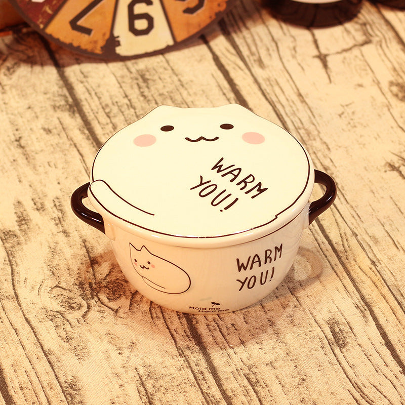 Kawaii Japanese Cat Ramen Ceramic Noodle Bowl With Lid