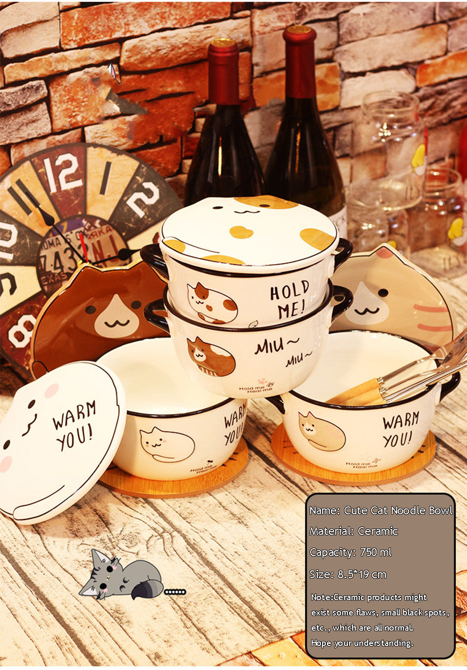 Kawaii Japanese Cat Ramen Ceramic Noodle Bowl With Lid