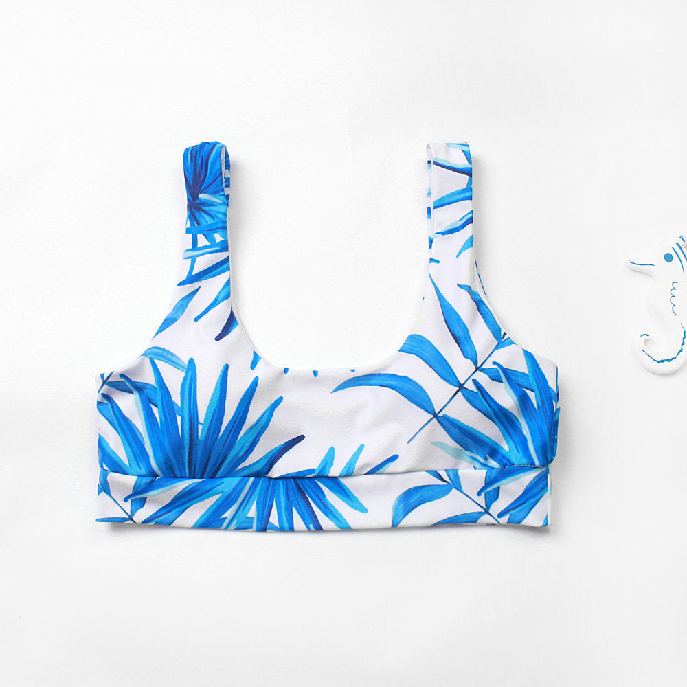 Blue and White Two-Piece Tropical Print Bikini Swimsuit