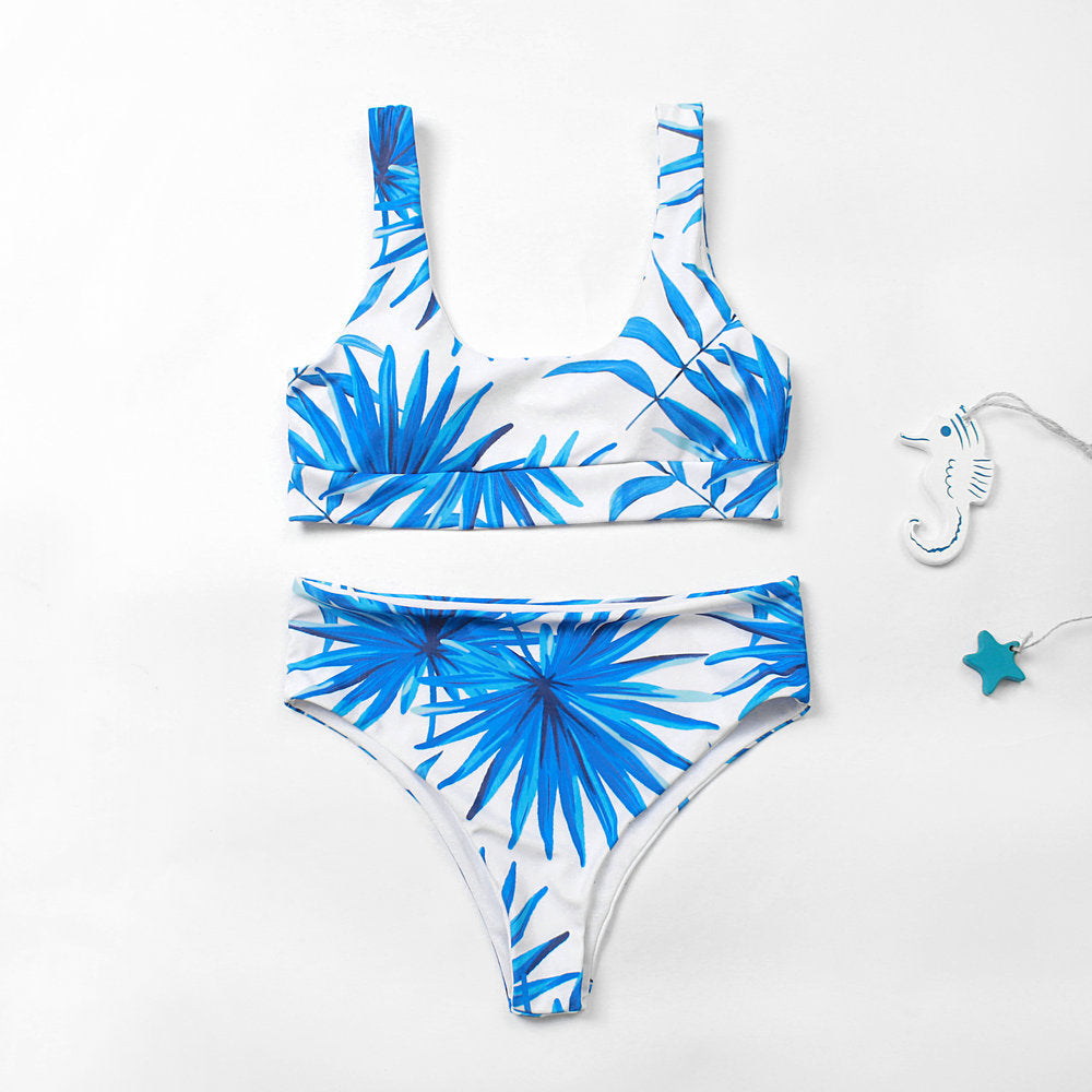 Blue and White Two-Piece Tropical Print Bikini Swimsuit