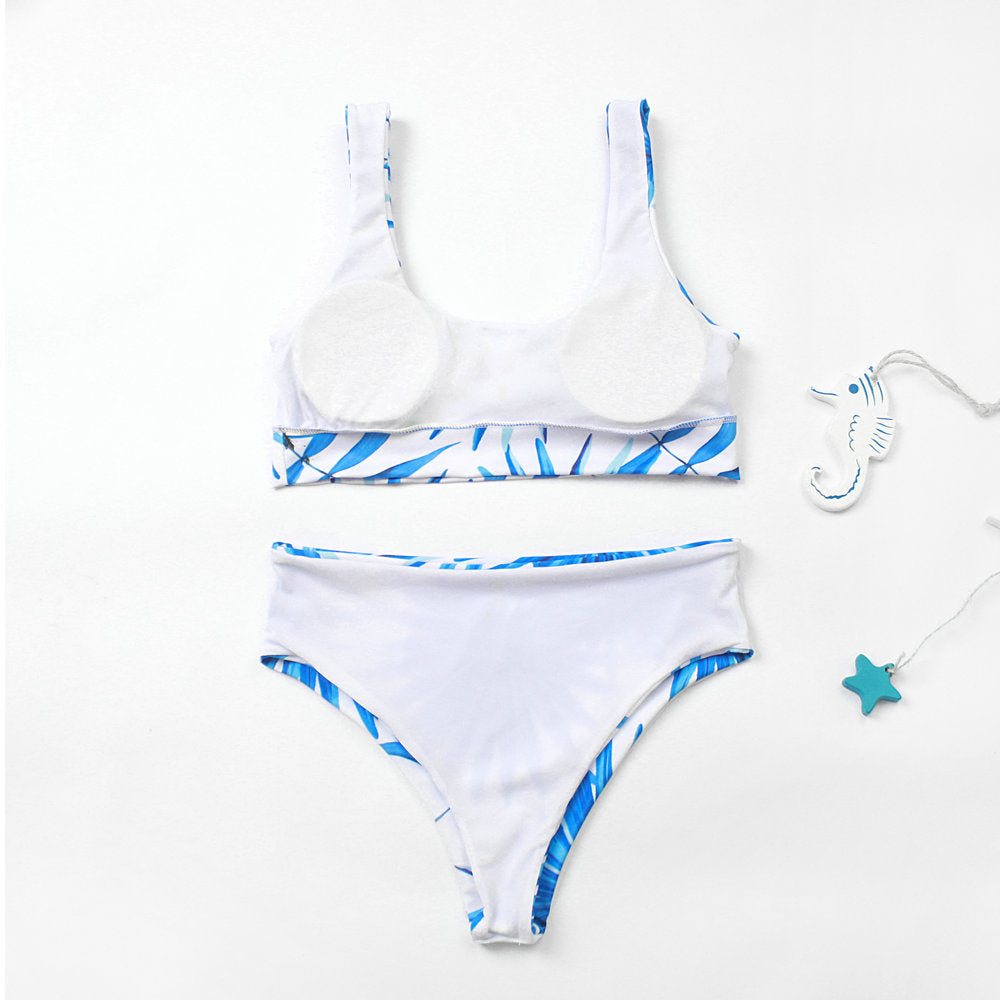 Blue and White Two-Piece Tropical Print Bikini Swimsuit