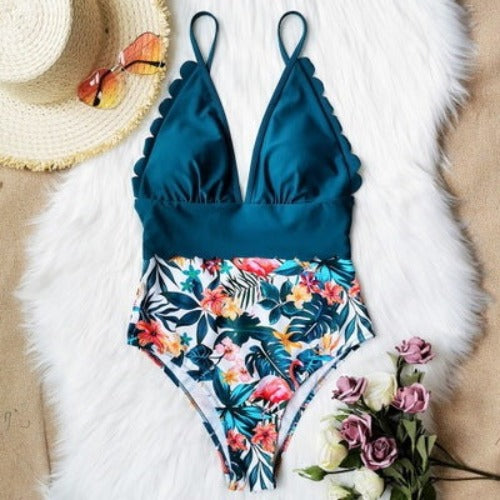 One-Piece Solid Top Colour with Tropical Print Bottoms Swimsuit