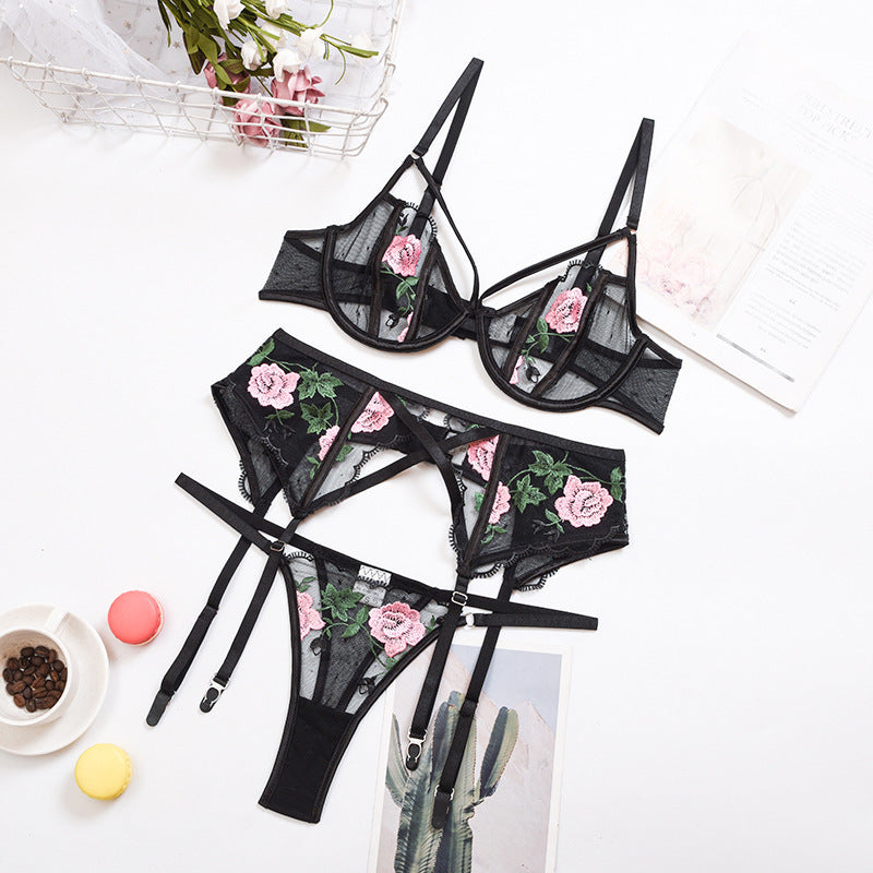 Rose Embroided 3 Piece Matching Lingerie Set | Pink, Black or White