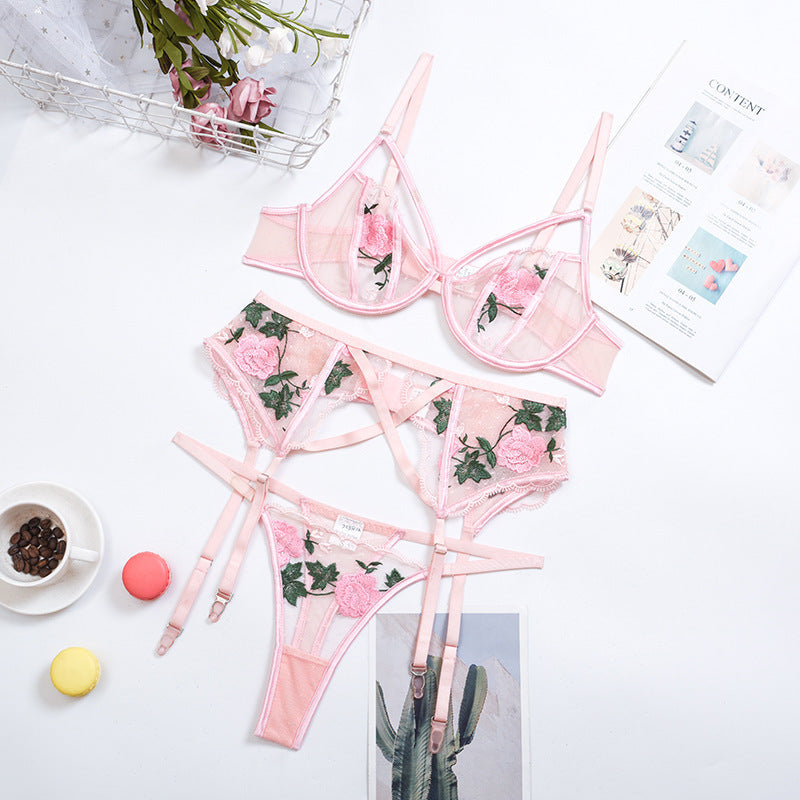 Rose Embroided 3 Piece Matching Lingerie Set | Pink, Black or White