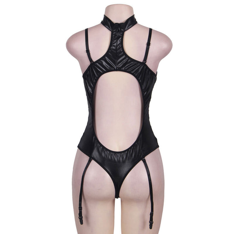 Vinyl Teddy Bodysuit with Patterned Lace Sides an Garter Straps