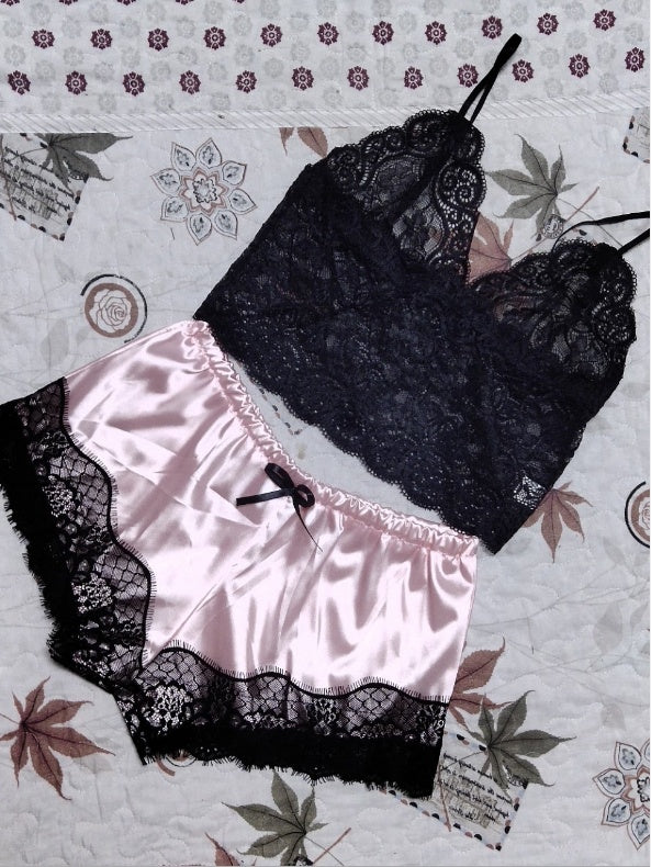 Top and Bottoms Ladies Lace Pyjama Set with Satin Shorts