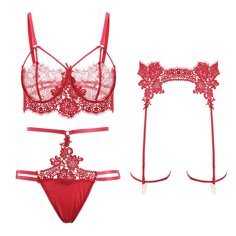 3 Piece Embroidered Lace Sexy See-Thru Womens Lingerie Set - Black or Red