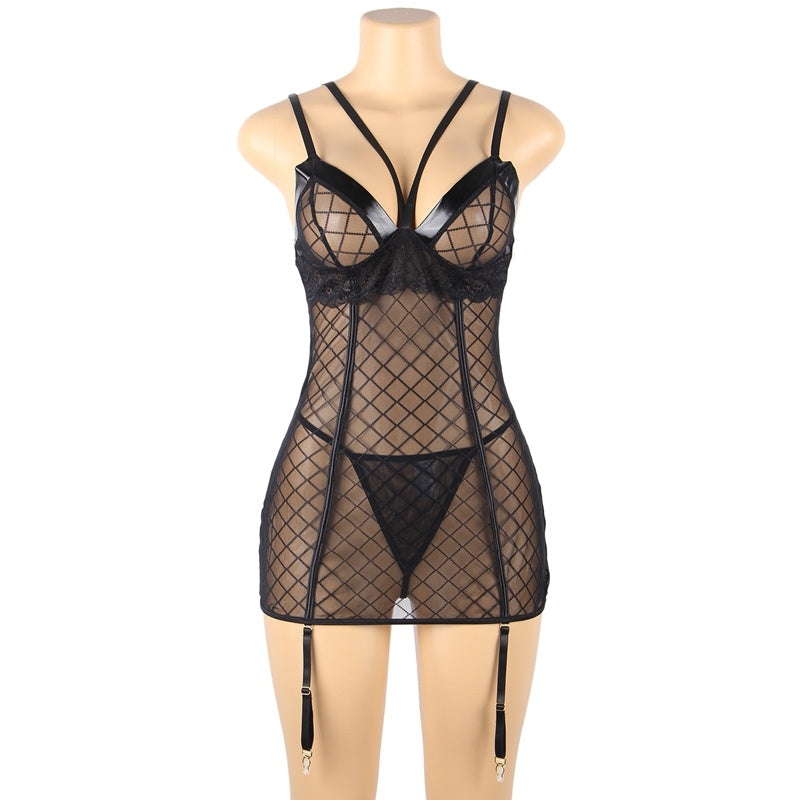 See Through Lace Mesh Gartered Babydoll Lingerie - Plus Sizes Available