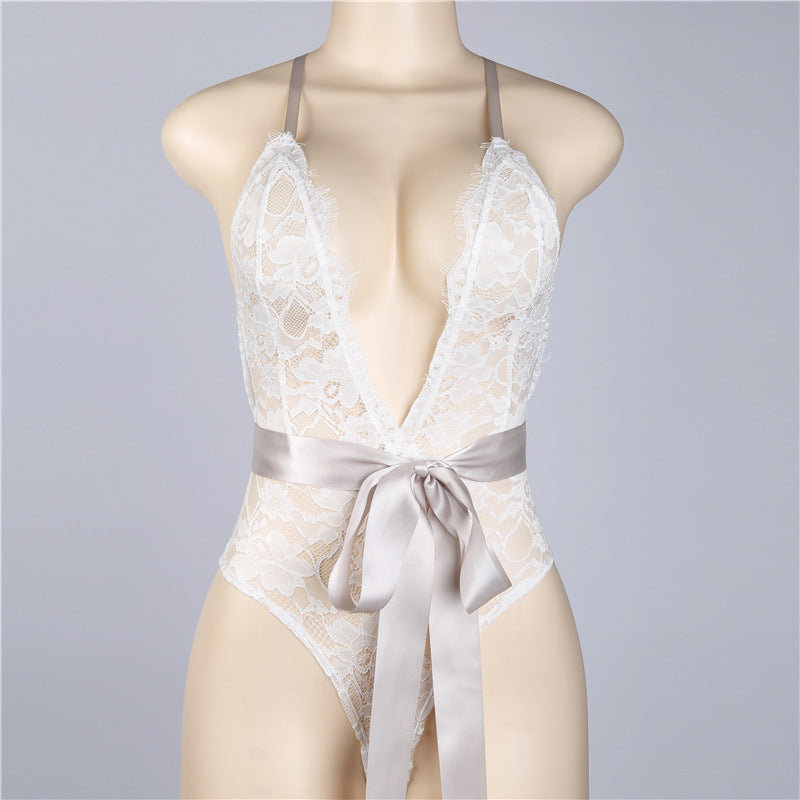 Lace Teddy Jumpsuit Plunging Halter Neck Lingerie with Satin Tie