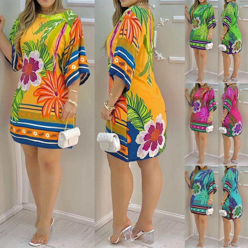 High Neckline Tropical Print Half-Sleeved Casual Beach Dress