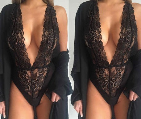 Sexy Deep-V Halter Neck Lace Teddy Bodysuit