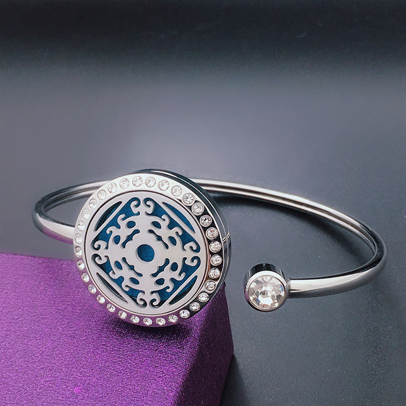 Stainless Steel Aromatherapy Bangle with Laser Etched Designs and Crystal Accents