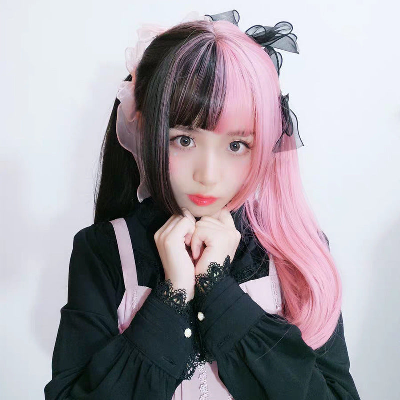 Anime Cosplay Wig Female Long Straight Black and Pink Hair