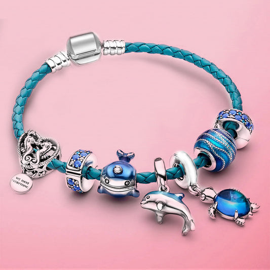 Leather Cord Beach Bracelet - Narwhal, Dolphin and Turtle Charms