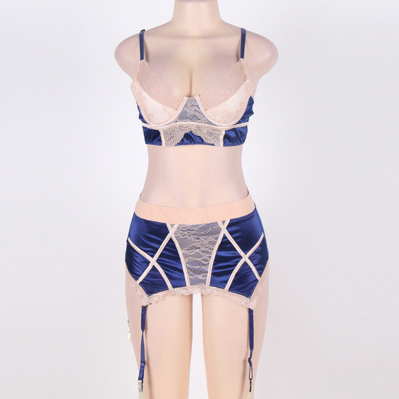 Royal Blue 3 Piece Lingerie Set, Bra Matching Knickers and Garter Waist Belt