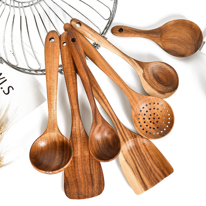 7 Piece Teak Natural Wood Tableware Spoon Ladle and Spatula Utensil Set