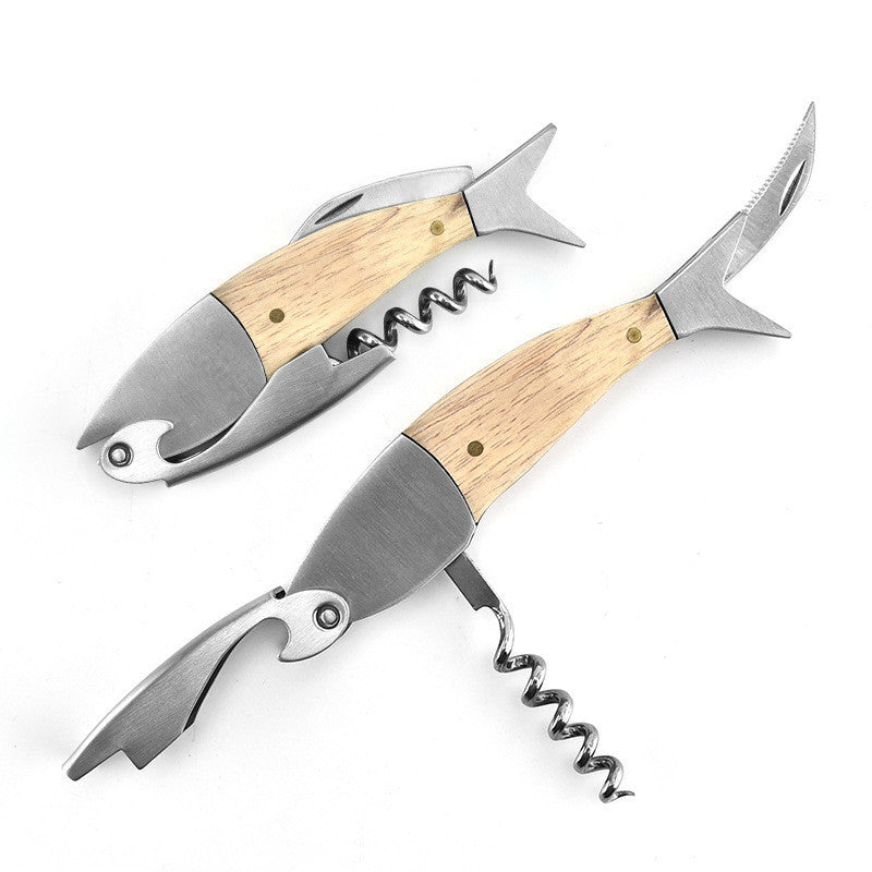 Shark Shaped Wine And Beer Bottle Top Opener - Stainless Steel and Wood