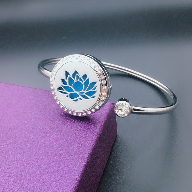 Stainless Steel Aromatherapy Bangle with Laser Etched Designs and Crystal Accents