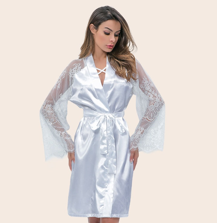 Ladies Mid Length Satin Night Gown Robe with Long Lace Sleeves | Black or White