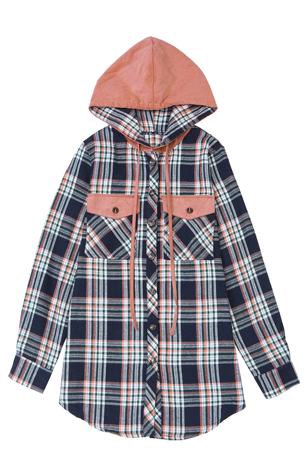 Cotton Blend Pink Contrast Hooded Drawstring Plaid Shacket