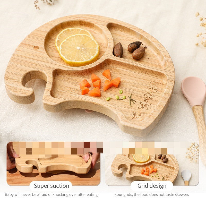 Children's Elephant Suction Cup Dinner Plate Round Bamboo Bowl Four-piece Set