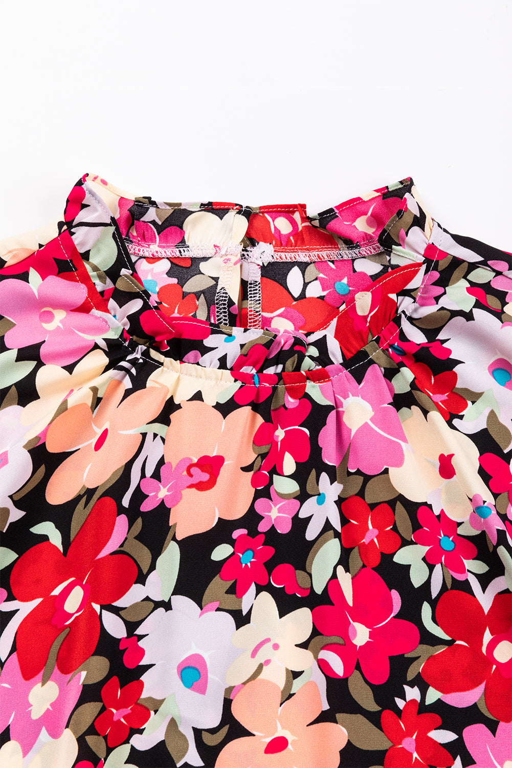 Summer Top - Rose Printed Frilled Neck Bracelet Sleeve Floral Blouse