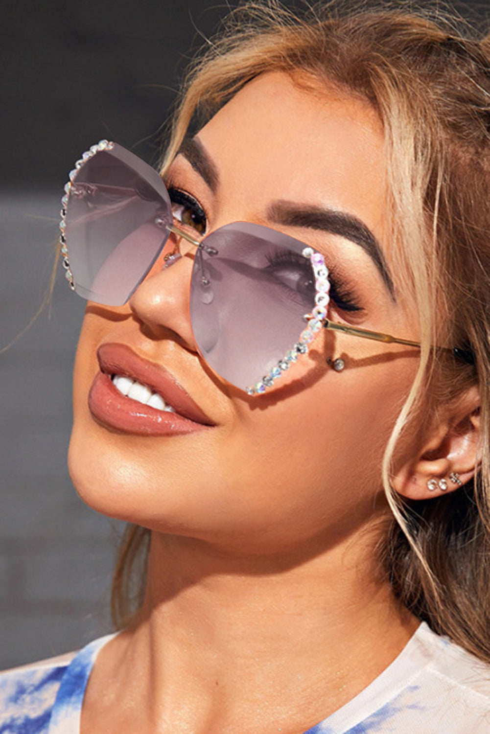 Rhinestone Embellished Rimless Sunglasses | Grey, Pink or Brown